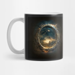 One Ring Portal View of Mountains and Forest Under A Night Sky Mug